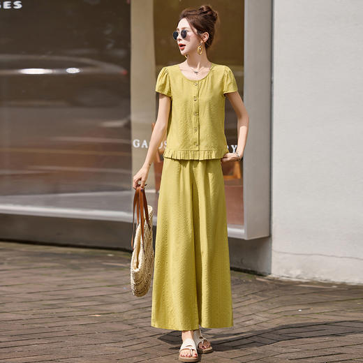 时尚通勤套装女2025夏季新款韩系圆领木耳边拼接衬衫阔腿裤两件套LNS9763 商品图0