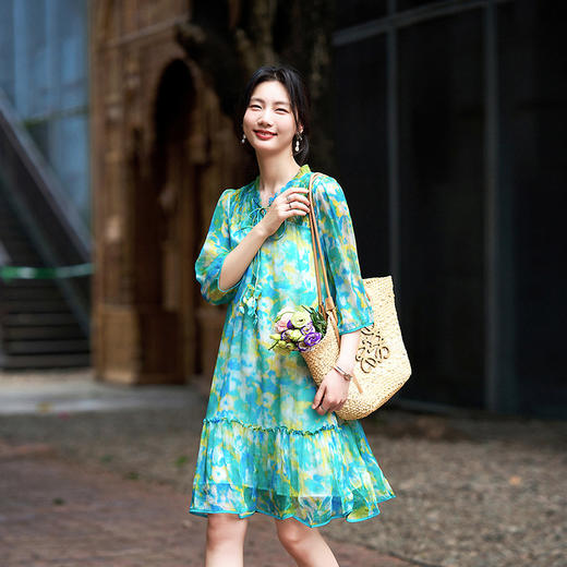 丁摩 迷彩印花真丝连衣裙小个子款显瘦桑蚕丝裙子两个颜色5ZF-90149 商品图0