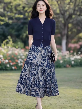 轻熟优雅冰丝凉感V领针织衫+时尚印花半身裙套装LJX-580