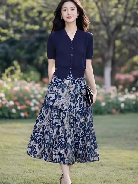 轻熟优雅冰丝凉感V领针织衫+时尚印花半身裙套装LJX-580 商品图0