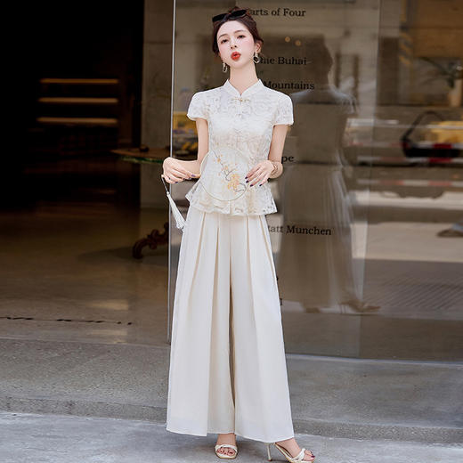 新中式国风套装小香风气质收腰刺绣上衣阔腿裤两件套HANYUSHE2588 商品图0