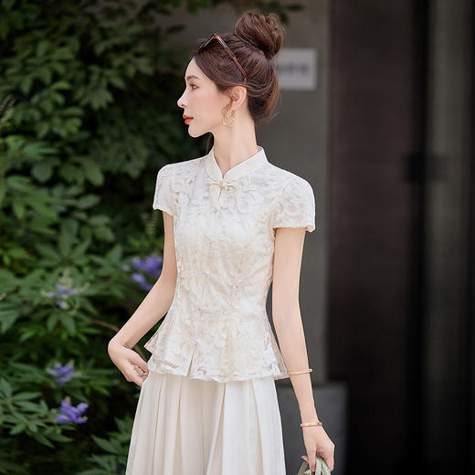 新中式国风套装小香风气质收腰刺绣上衣阔腿裤两件套HANYUSHE2588 商品图3