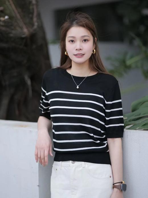 （小眠专属）莱赛尔条纹圆领短袖T恤 商品图1