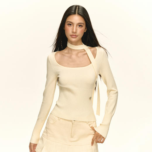 Ariseism 美式复古带围脖长袖针织衫女早秋新款修身上衣 商品图0