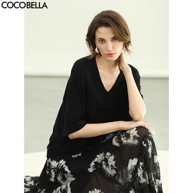 COCOBELLA微透视V领短袖T恤女25春夏蝙蝠袖针织衫TS7081-2