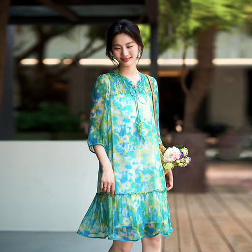 丁摩 迷彩印花真丝连衣裙小个子款显瘦桑蚕丝裙子两个颜色5ZF-90149 商品图1