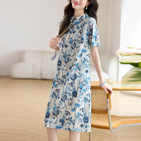百媚生 纯棉新中式国风复古碎花休闲连衣裙BKHP3389C