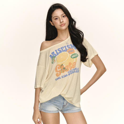 Ariseism 美式复古宽松苏打汽水斜肩短袖T恤女夏季新款修身上衣 商品图0