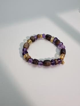 【普陀山】设计款金包银紫水晶奇楠沉⾹木手串  ⼼宁-流光单圈   ⼿围14-14.5