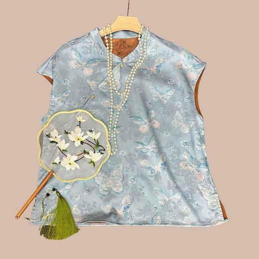 丁摩 新中式国风立领百搭蝴蝶提花人丝仿香云纱衬衫上衣女宽松5ZF-011 商品图2