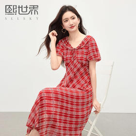 熙世界复古红色格纹连衣裙女高级感夏季气质灯笼袖海边度假长裙子