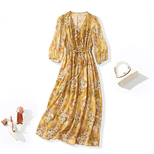 丁摩 夏季女装印花真丝连衣裙配腰带显瘦气质V领连衣裙七分袖蚕丝裙子5ZF-90496 商品图3