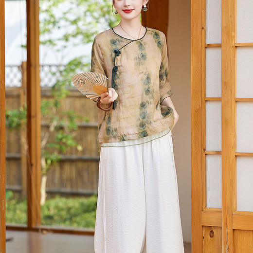 丁摩 高端碎花上衣苎麻【套装】亚麻女装夏季时尚两件套棉麻阔腿裤5ZF-86122 商品图2