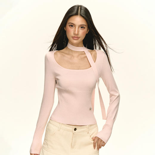 Ariseism 美式复古带围脖长袖针织衫女早秋新款修身上衣 商品图2