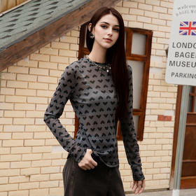 谜底网纱T恤长袖女2025秋季新款复古圆领修身高弹打底衫257MT7712