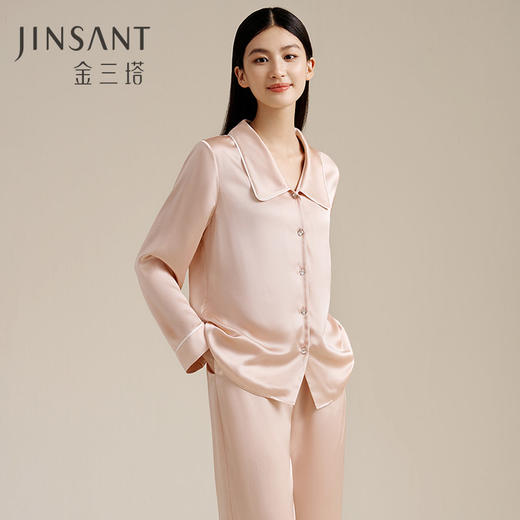 金三塔22姆米重磅真丝睡衣100%桑蚕丝长袖长裤女丝滑透气家居服套  YSFEC211 商品图0