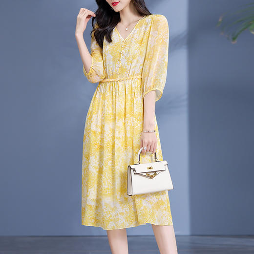 丁摩 气质桑蚕丝裙子法式女装V领单排扣收腰手工辫真丝连衣裙5ZF-75075 商品图0