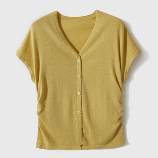 百媚生 16针丝光洋毛打褶收腰V领小飞袖针织上衣 商品图5