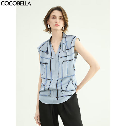 COCOBELLA轻奢立体印花无袖衬衫女V领捏褶通勤上衣SR3102-2 商品图0