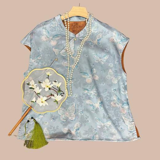 丁摩 新中式国风立领百搭蝴蝶提花人丝仿香云纱衬衫上衣女宽松5ZF-011 商品图3