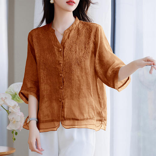 苎麻衬衫洋气宽松，复古V领刺绣短袖上衣HR-YUMO9901-1 商品图3