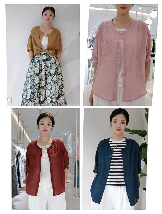 580143天丝麻口袋短袖衬衫上衣 商品图0