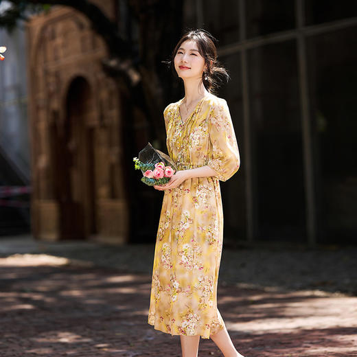 丁摩 夏季女装印花真丝连衣裙配腰带显瘦气质V领连衣裙七分袖蚕丝裙子5ZF-90496 商品图2