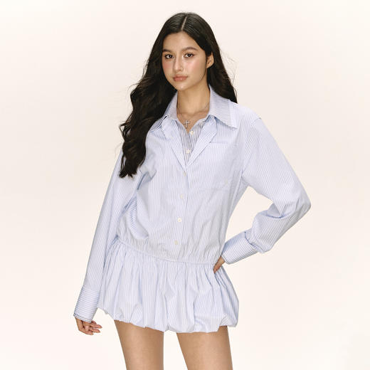 Ariseism 美式复古设计感长袖条纹衬衫裙女秋季新款连衣裙裙子 商品图0