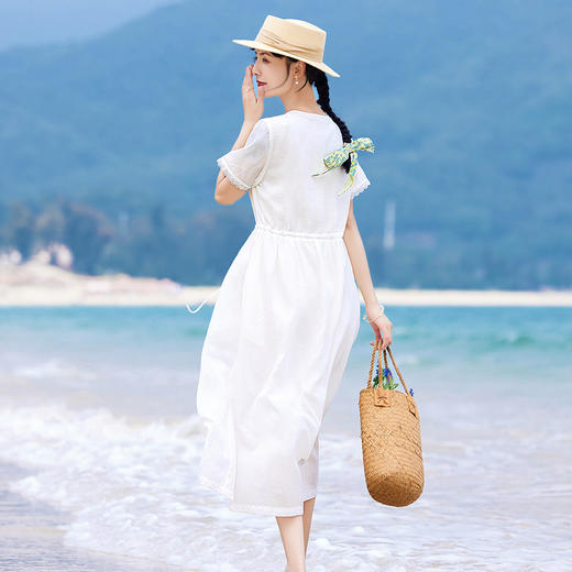 丁摩 白色苎麻法式减龄连衣裙文艺木耳花边短袖飘逸大摆裙 商品图3