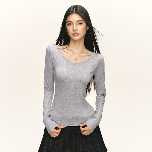 Ariseism 美式复古设计感V领口袋长袖t恤女秋季新款修身上衣 商品图1