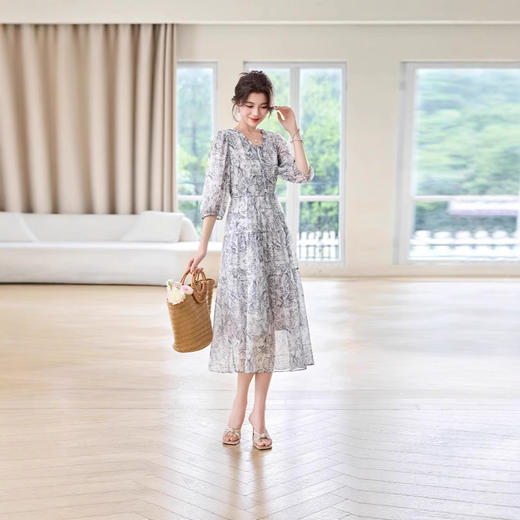 花边系带桑蚕丝连衣裙，时尚印染高端大气简约百搭裙子SM-25029 商品图2