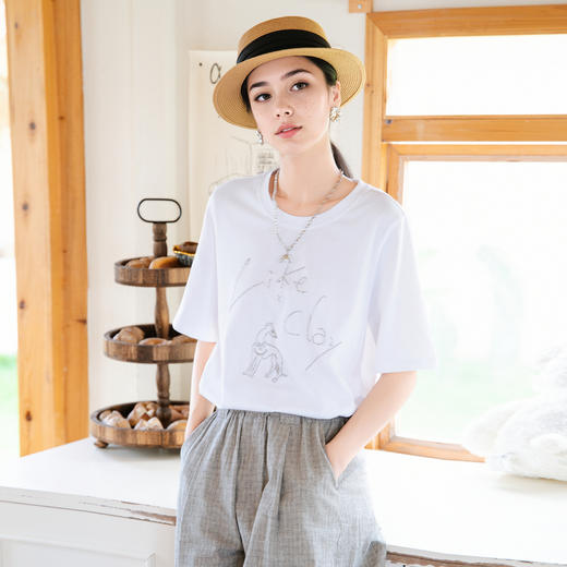 谜底T恤短袖女2025秋季新款简约百搭宽松钉珠绣花上衣257MT7774 商品图1