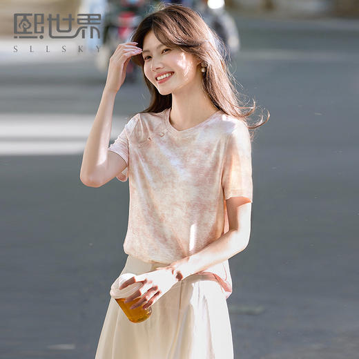【专属特价】熙世界轻国风扎染晕染T恤女短袖2025夏新款宽松圆领独特粉色上衣 商品图0