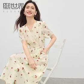 【专属特价】熙世界法式泡泡袖樱桃碎花连衣裙女夏季新款收腰显瘦V领茶歇裙子