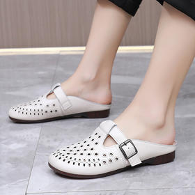 丁摩 包头拖鞋头层牛皮平跟软底镂空女凉鞋复古民族风女鞋5ZF-6206