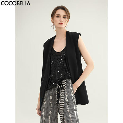 COCOBELLA静奢假两件黑色无领西装马甲女仿醋酸上衣WS7005-3 商品图0