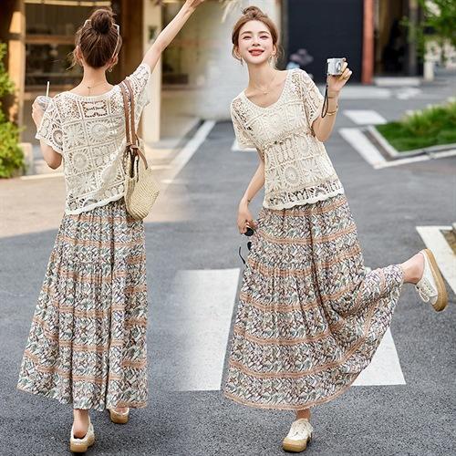 气质蕾丝镂空复古钉珠圆领波西米亚碎花裙三件套HANYUSHE2529 商品图1