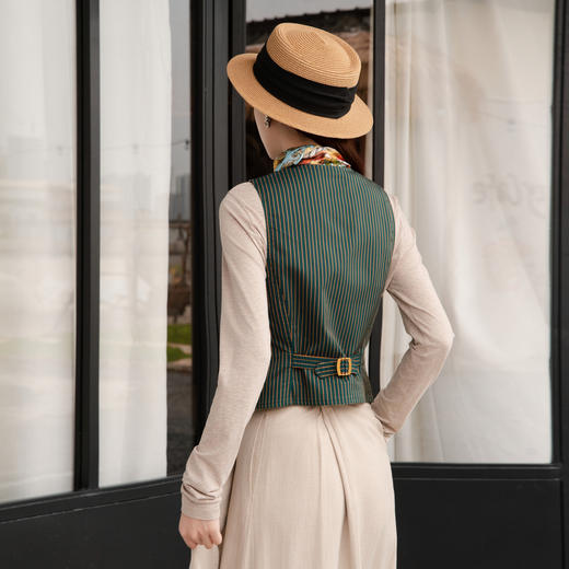 谜底无领西装马甲女2025秋新款复古风修身条纹拼接马夹257MM7721 商品图2