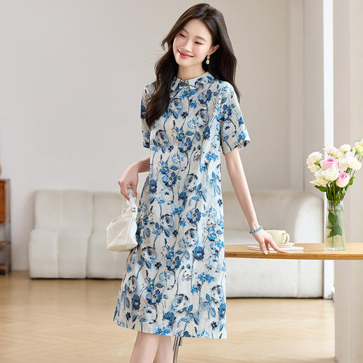 百媚生 纯棉新中式国风复古碎花休闲连衣裙BKHP3389C 商品图1