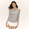 Ariseism 美式复古设计感灰色一字肩挂脖长袖t恤女秋新款修身上衣 商品缩略图0