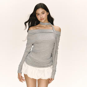 Ariseism 美式复古设计感灰色一字肩挂脖长袖t恤女秋新款修身上衣