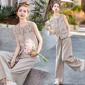 2025年夏季新款时尚镂空领显瘦马甲阔腿裤气质套装MEIQIN5576