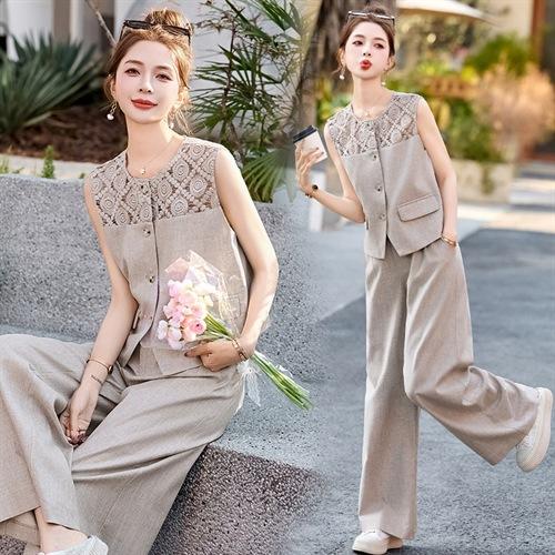 2025年夏季新款时尚镂空领显瘦马甲阔腿裤气质套装MEIQIN5576 商品图0