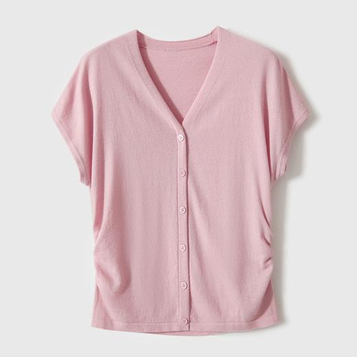 百媚生 16针丝光洋毛打褶收腰V领小飞袖针织上衣 商品图9