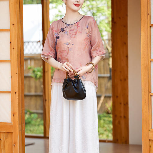 丁摩 高端碎花上衣苎麻【套装】亚麻女装夏季时尚两件套棉麻阔腿裤5ZF-86122 商品图1