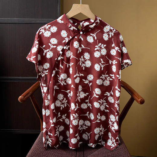 丁摩 重磅真丝上衣女红底印花100桑蚕丝斜门襟连肩短袖T恤小衫夏新款5ZF-049 商品图0