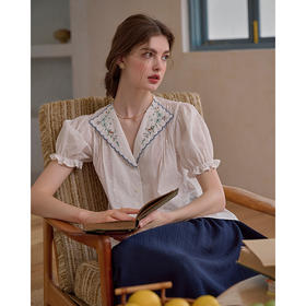 SimpleRetro卢浮花园 文艺全棉镂空刺绣翻领泡泡袖衬衫女法式小衫