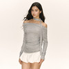 Ariseism 美式复古设计感灰色一字肩挂脖长袖t恤女秋新款修身上衣 商品缩略图1