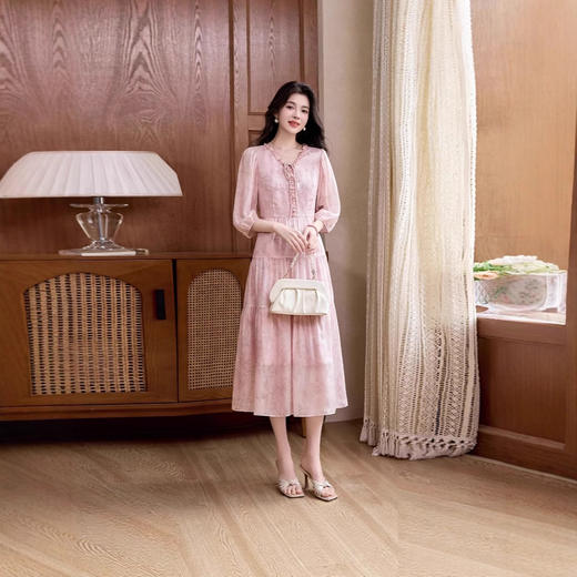 花边系带桑蚕丝连衣裙，时尚印染高端大气简约百搭裙子SM-25029 商品图1