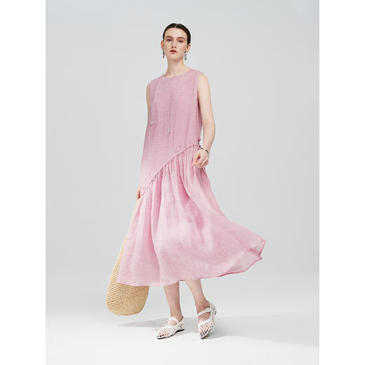 棉仓363616036-初棉海石竹粉-海滨度假风苎麻天丝不对称连衣裙 商品图4